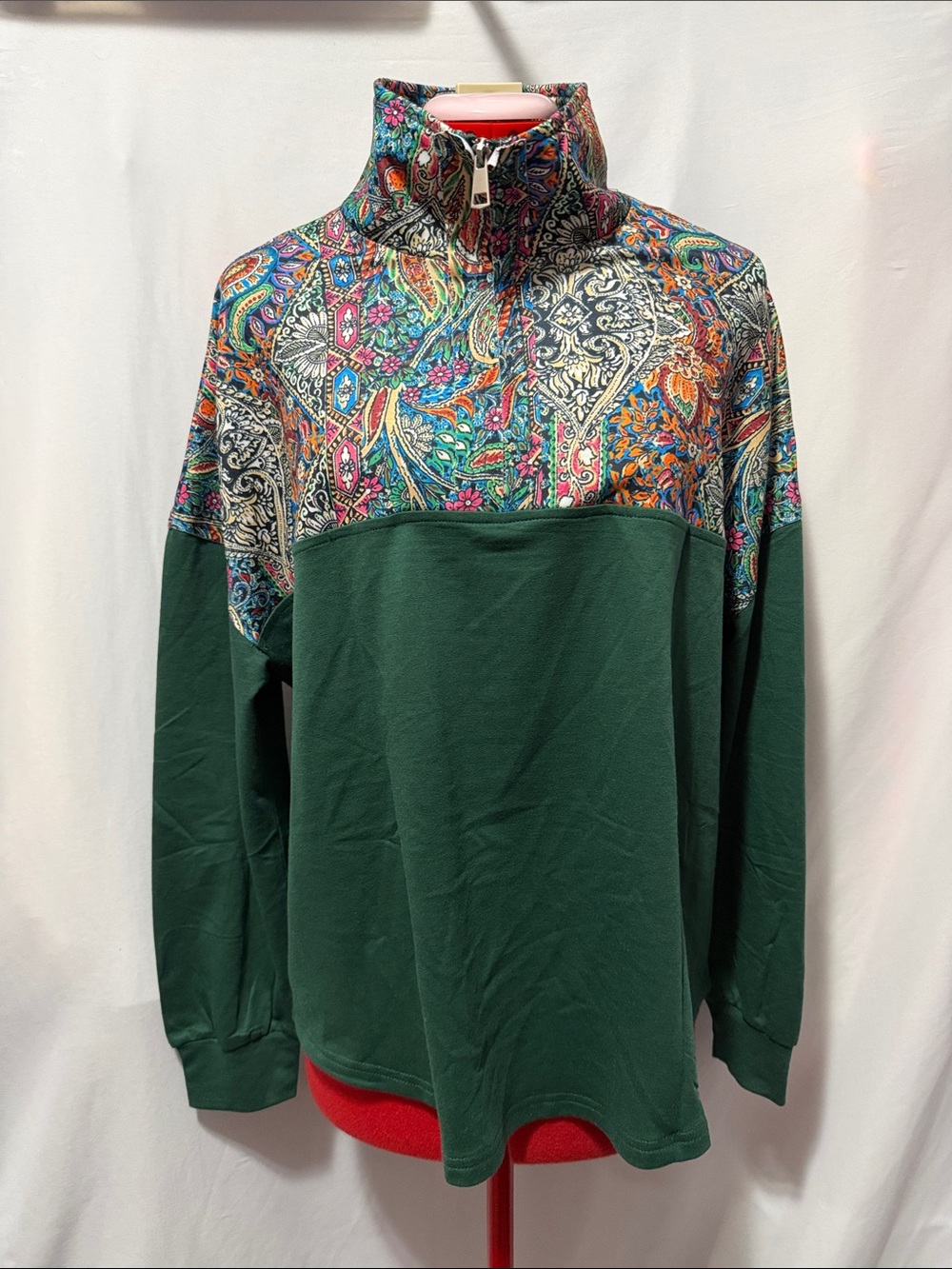 Green Pullover Sweatshirt with Paisley Yoke